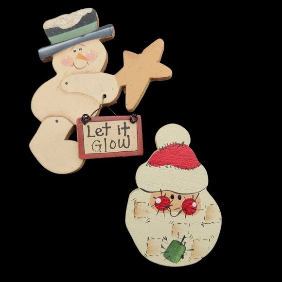 Vintage Snowman & Santa Wooden Brooches Set Of 2 Hand-painted Christmas NOTE - Picture 1 of 8